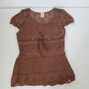 Y2K Fairy Grunge Sweater Womens Large Brown Crochet Knit Short Sleeve Tie Boho